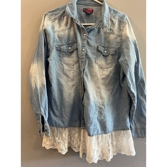 Say What Tops - Say What? Denim Tattered Lace Chambray Pearl Button Up Shirt Top Womens 2X